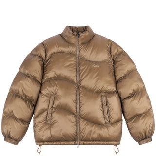 Gold ripstop puffer jacket with wavy quilting and water resistance.