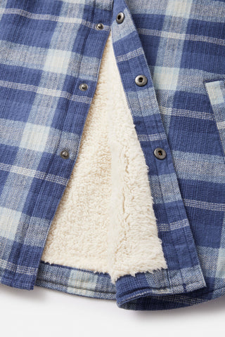 Katin Harold Plaid Jacket in Washed Blue with sherpa liner, cotton flannel, and snap closure.