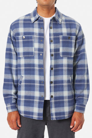 Katin Harold Plaid Jacket in Washed Blue with sherpa liner, cotton flannel, and snap closure.