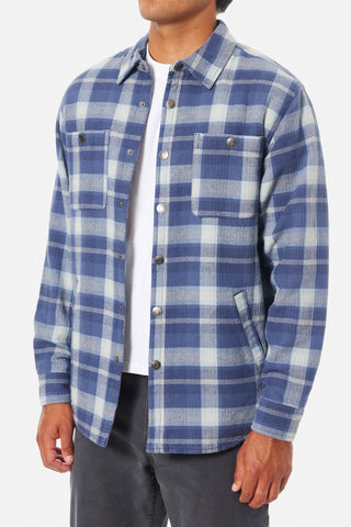 Katin Harold Plaid Jacket in Washed Blue with sherpa liner, cotton flannel, and snap closure.