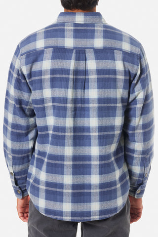 Katin Harold Plaid Jacket in Washed Blue with sherpa liner, cotton flannel, and snap closure.