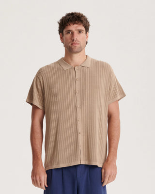 Critical Slide Society Intro Knit Shirt in Putty, 100% cotton with coconut buttons and a slightly oversized fit.