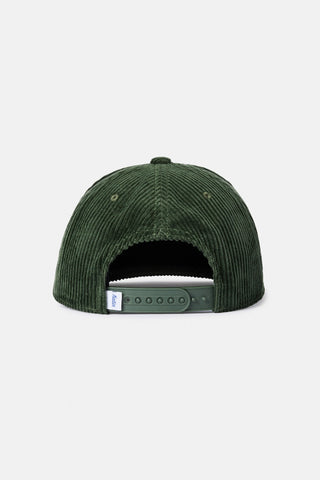 Olive corduroy hat with custom embroidery and adjustable snapback.