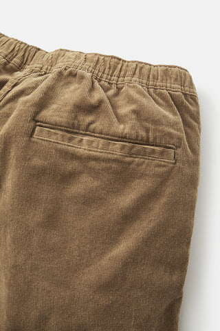 Umber corduroy shorts with welt pockets and 17" outseam.