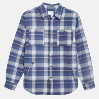 Katin Harold Plaid Jacket in Washed Blue with sherpa liner, cotton flannel, and snap closure.