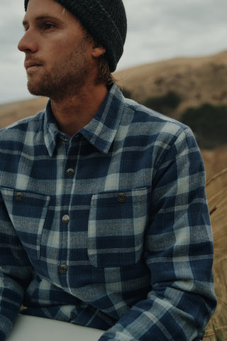 Katin Harold Plaid Jacket in Washed Blue with sherpa liner, cotton flannel, and snap closure.