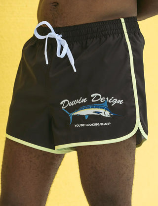 Duvin Marlin Tanning Swim Shorts in Black, quick-dry, relaxed waistband.