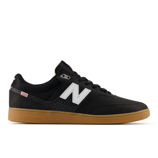 New Balance Numeric Brandon Westgate 508 Shoes in Black/Gum with rubber cup outsole, reflective detailing, and lightweight suede and mesh upper.