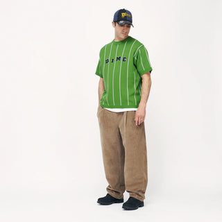 Green Dime Striped SS Knit with rib finishing and chenille embroidery logo.