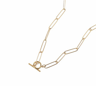 Gold necklace with 18K plating, toggle clasp, hypoallergenic stainless steel, and water-resistant design.