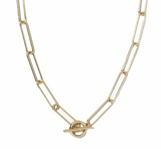 Gold necklace with 18K plating, toggle clasp, hypoallergenic stainless steel, and water-resistant design.