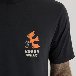 Roark Nomads Premium Tee in black with a nature-inspired graphic promoting environmental preservation.