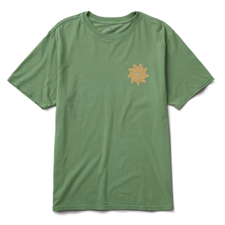 Roark Vortex Premium Tee in Willow with a vibrant sunburst graphic and soft-washed cotton.