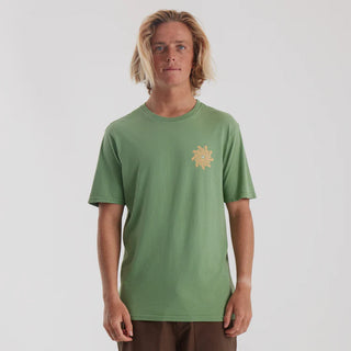 Roark Vortex Premium Tee in Willow with a vibrant sunburst graphic and soft-washed cotton.