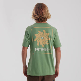 Roark Vortex Premium Tee in Willow with a vibrant sunburst graphic and soft-washed cotton.