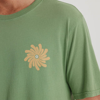 Roark Vortex Premium Tee in Willow with a vibrant sunburst graphic and soft-washed cotton.