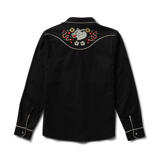 Roark Lone Wolf Embroidered Western Shirt with custom embroidery, pearl snaps, and contrast piping.