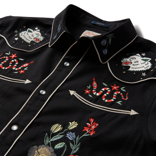 Roark Lone Wolf Embroidered Western Shirt with custom embroidery, pearl snaps, and contrast piping.