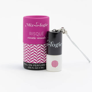 Risqué Exotic Woods 1 mL Mini Perfume Rollerball by Mixologie, featuring bergamot, sandalwood, and white musk.