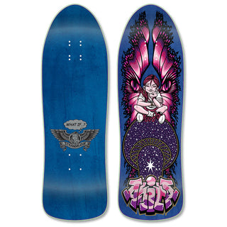 Blue stained skateboard deck with 10-color screen print design by Sean Cliver.