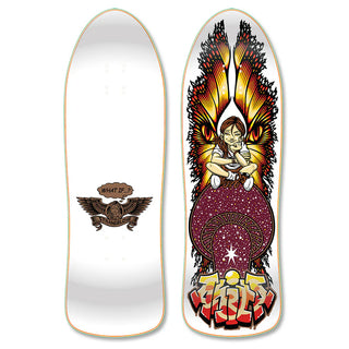 White Pearlescent skateboard deck with 10-color screen print design by Sean Cliver.