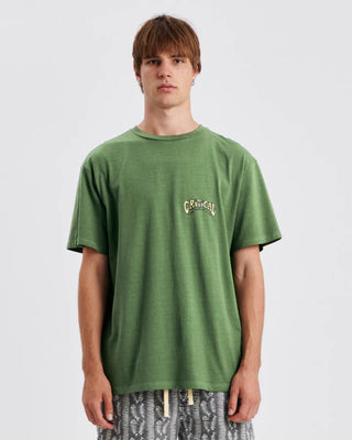 Vintage-washed cotton tee in mossy green with relaxed fit.