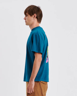 Boxy band-fit cotton tee in teal with a modern silhouette.