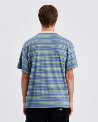 Custom yarn-dyed blue tee with oversized pocket and boxy fit.