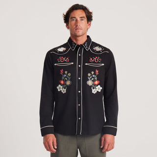 Roark Lone Wolf Embroidered Western Shirt with custom embroidery, pearl snaps, and contrast piping.