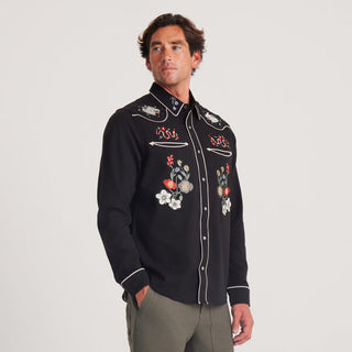 Roark Lone Wolf Embroidered Western Shirt with custom embroidery, pearl snaps, and contrast piping.