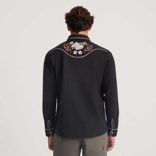 Roark Lone Wolf Embroidered Western Shirt with custom embroidery, pearl snaps, and contrast piping.