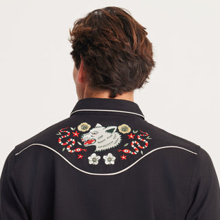 Roark Lone Wolf Embroidered Western Shirt with custom embroidery, pearl snaps, and contrast piping.