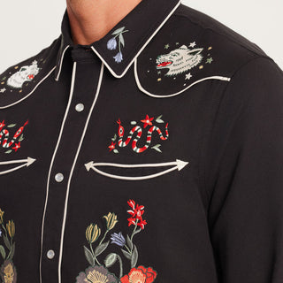 Roark Lone Wolf Embroidered Western Shirt with custom embroidery, pearl snaps, and contrast piping.