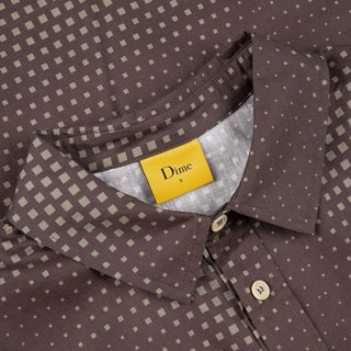 Dime Pixel Button-Up Shirt in Espresso with pixelated print and wavy chest pockets.