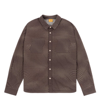 Dime Pixel Button-Up Shirt in Espresso with pixelated print and wavy chest pockets.