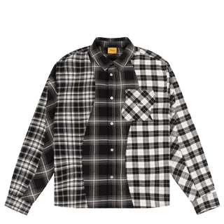 Black plaid shirt with wavy seams and embroidered chest pocket.