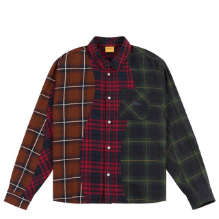 Multi-colored plaid shirt with wavy seams and embroidered chest pocket.