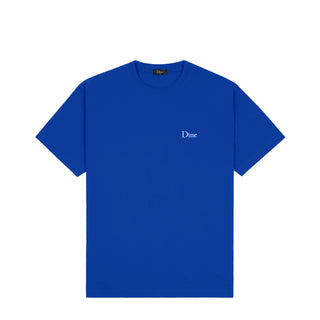 Navy Blue tee with small embroidered logo, pre-shrunk cotton.