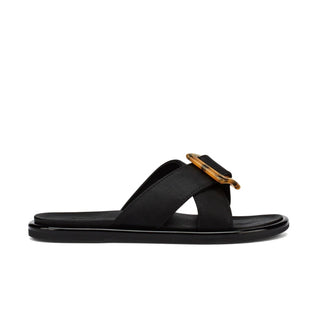 Olukai La'i Slide Women's Sandals in Black with tortoise shell buckle.