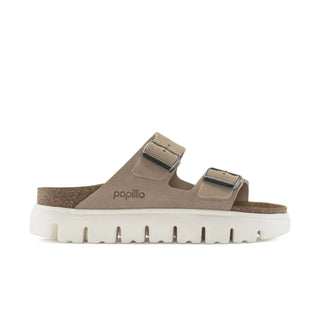 Birkenstock Papillo Arizona Chunky Suede Leather sandals in Warm Sand with a platform sole and contoured footbed.