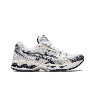 ASICS GEL-KAYANO 14 Shoes in White and Midnight, retro-inspired design.