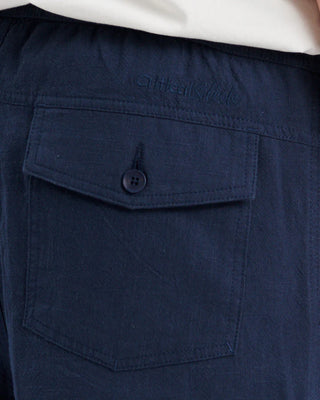 Critical Slide Society Cruiser Linen Short in Blue with a 17" outseam, elastic waist, and linen blend fabric.