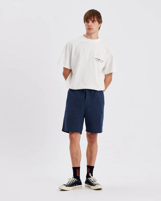 Critical Slide Society Cruiser Linen Short in Blue with a 17" outseam, elastic waist, and linen blend fabric.