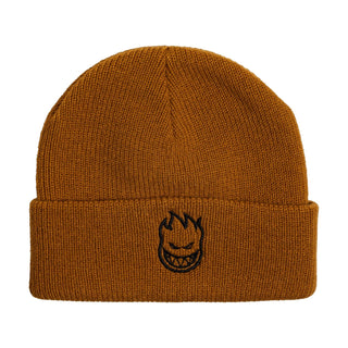 Spitfire Bighead Tan Beanie with embroidered black logo, ribbed knit, and foldover cuff.