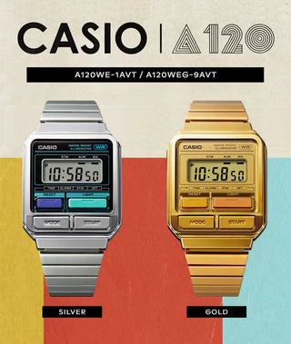 Casio Vintage A120WE-1AVT silver watch with colorful buttons, stopwatch, alarm, and LED backlight.