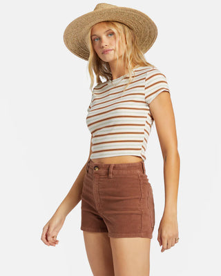 Billabong Free Fall Corduroy Shorts in Toasted Coconut with high-waisted fit and back patch pockets.