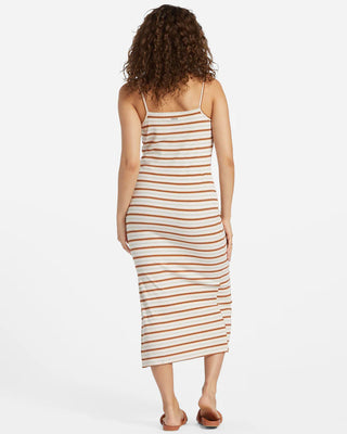 Billabong Flynn Dress in Multi with straight neck, thin straps, and side slit.