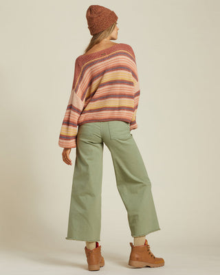 Billabong Free Fall High Waist Pants in Army, slim fit, wide cropped leg, and raw hem.