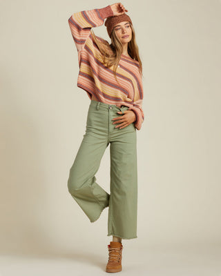 Billabong Free Fall High Waist Pants in Army, slim fit, wide cropped leg, and raw hem.