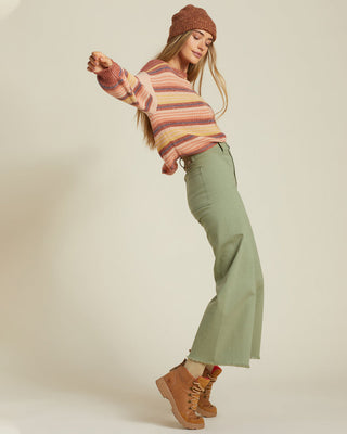 Billabong Free Fall High Waist Pants in Army, slim fit, wide cropped leg, and raw hem.